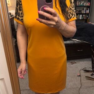 Yellow Dress with Leopard Print Sleeves